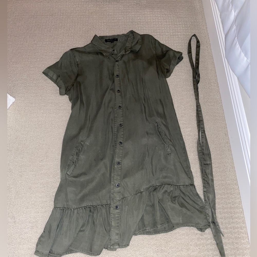 Green Button Down Dress With Tie